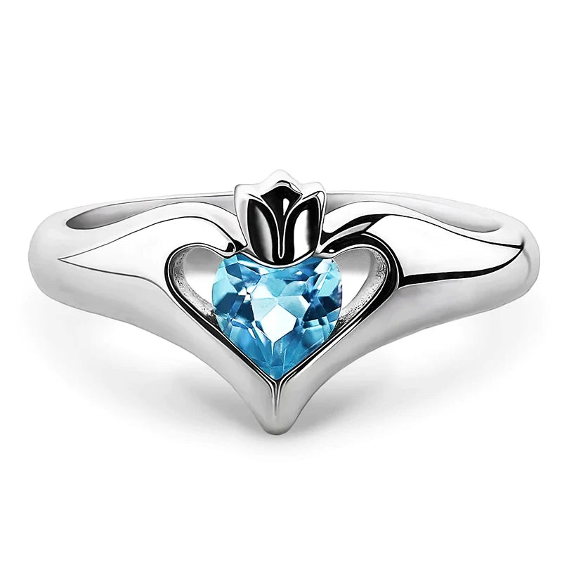 Huitan Romantic Ocean Blue Heart CZ Rings for Women Engagement Wedding Luxury-losil