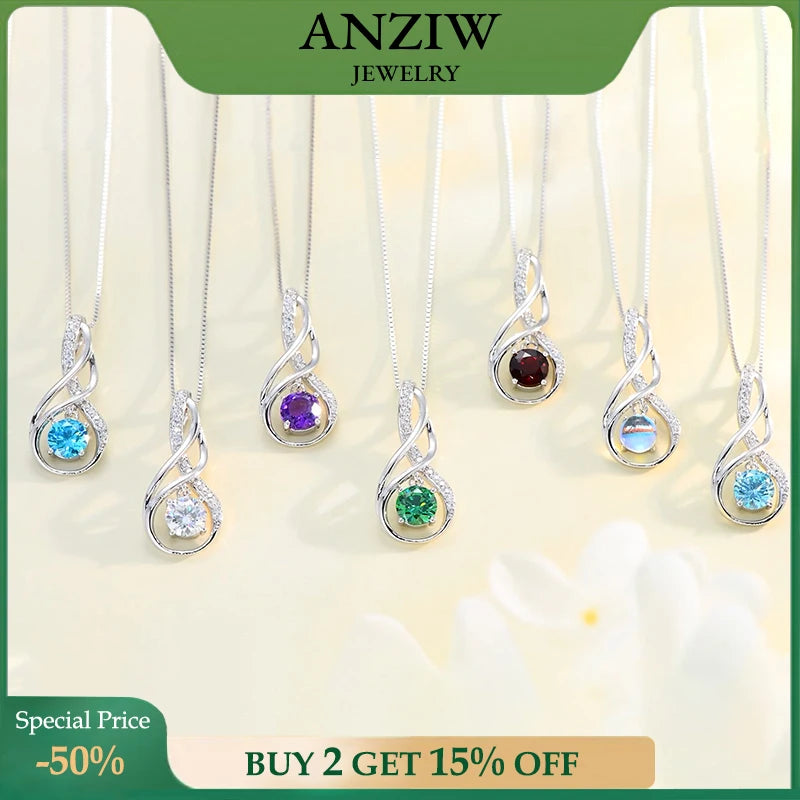 12 Birthstone Infinity Pendant Necklace for Women 925 Silver Colorful Gemstone 6.5mm-losil