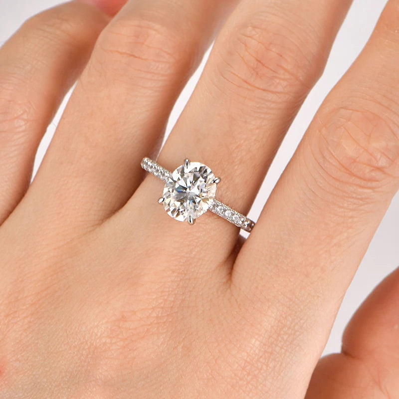 Anziw Real 3.0CT D Oval Moissanite Promise Ring for Women 925 Sliver-losil
