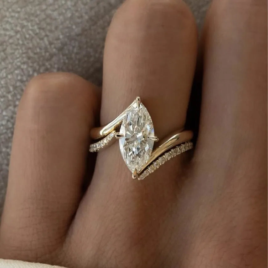 OEVAS 3CT Marquise Cut Moissanite Two Rings 100% S925 Silver Double row-losil
