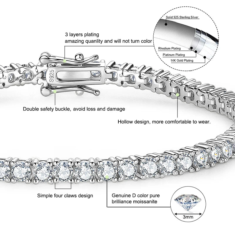 Anziw 3mm 5mm D VVS1 Moissanite Tennis Bracelet Plated 18k White Gold-losil