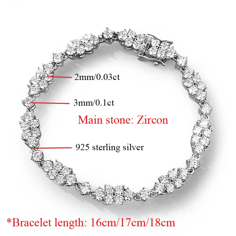 OEVAS 2MM 3MM High Carbon Diamond Wreath Bracelet 100% 925 Sterling Silver-losil