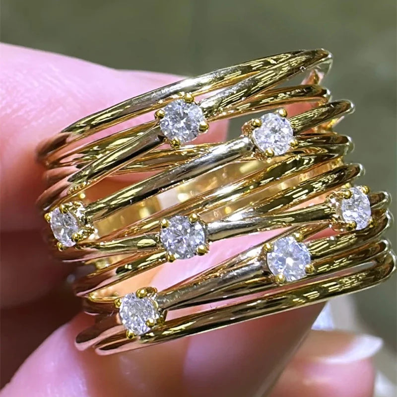 Huitan Women Rings Gold Color Wide Band Cubic Zirconia Multi-layers Rings for-losil