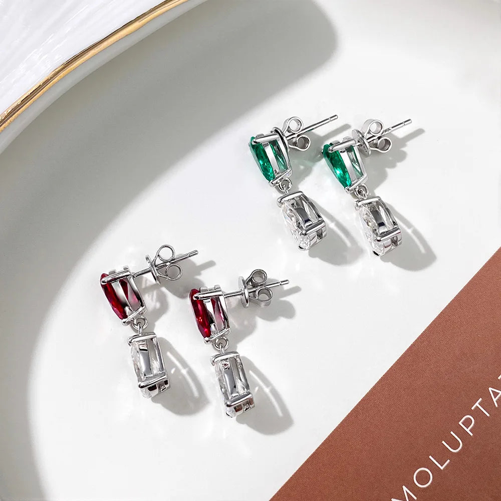 OEVAS Waterdrop Lab Grown Columbia Emerald/Ruby with Moissanite Diamond Earrings for Women-losil