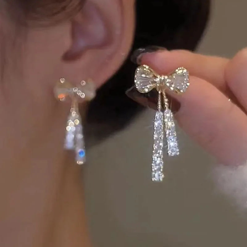 Anziw Korean D Color Moissanite Drop Earrings Original Silver 925 Bow Tassel-losil
