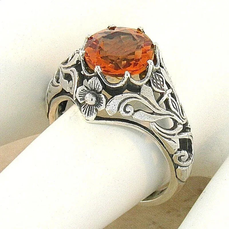 Huitan Bright Orange CZ Women Rings Aesthetic Flower Leaf Hollow Pattern Anniversary-losil