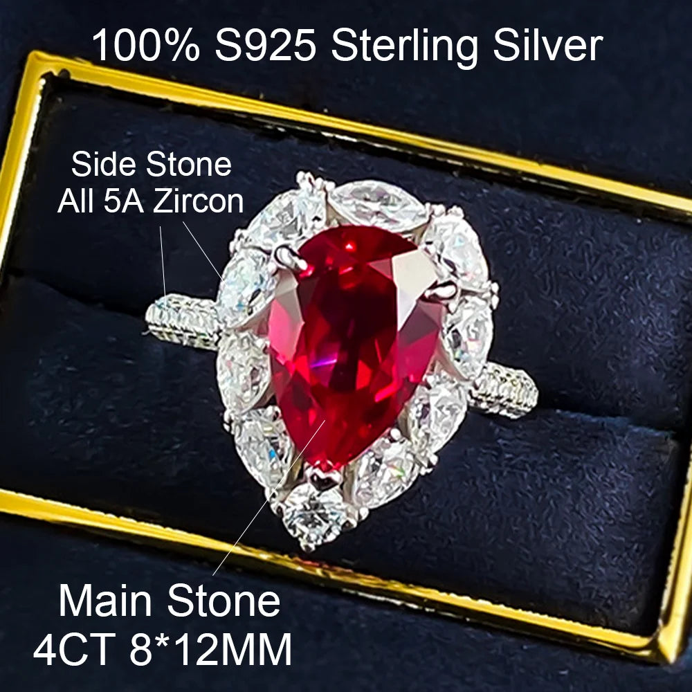 OEVAS 100% S925 Silver 4CT 8*12mm Pear Cut Full Zircon Ring For-losil