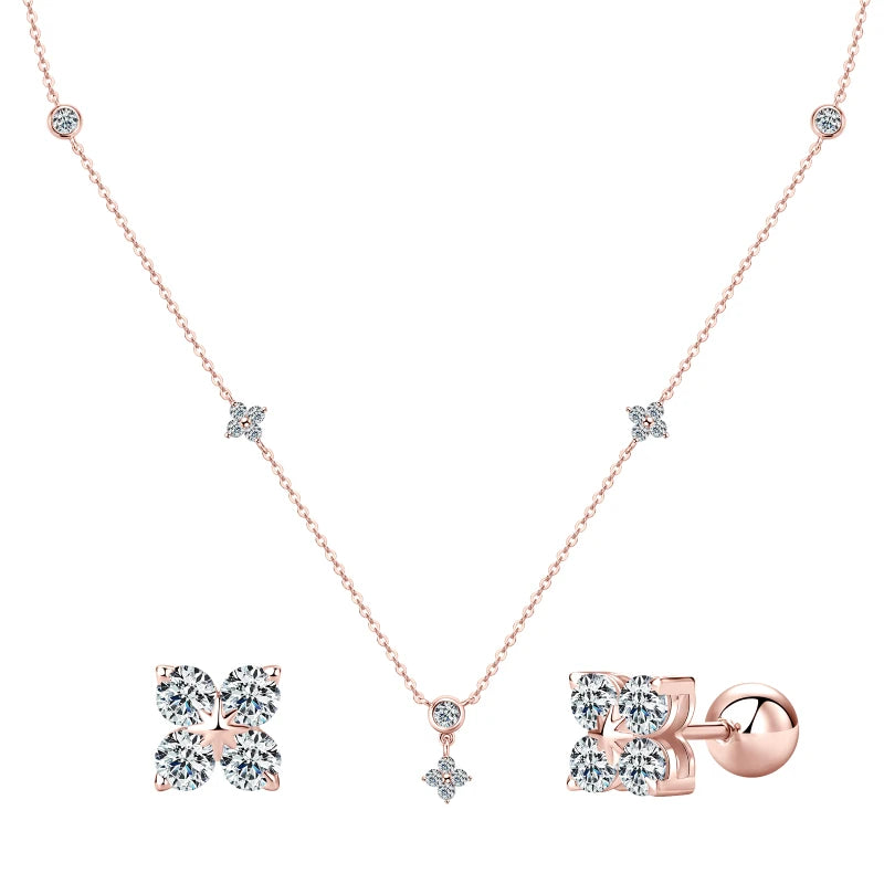 925 Silver Clover Flower Jewelry Sets for Women Moissanite Pendant Necklace Earrings-losil