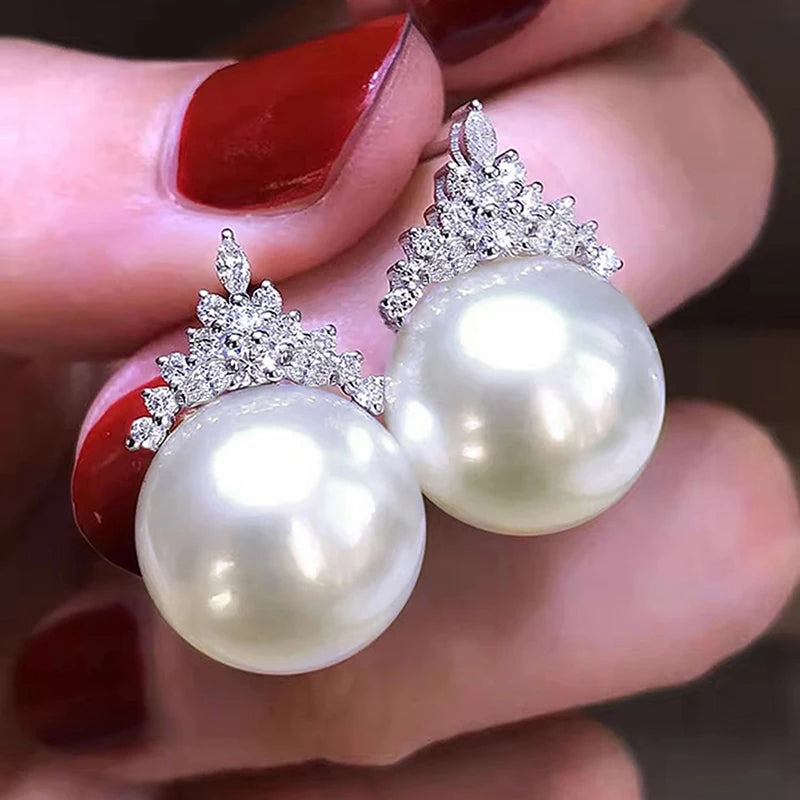 Huitan Luxury Imitation Pearl Drop Earrings Lady Engagement Accessories with Shiny Zirconia-losil