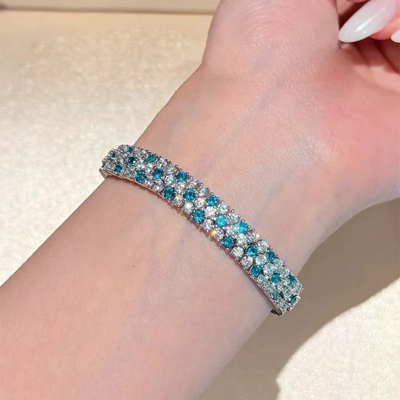 OEVAS Full 5A Blue Zircon Lab Diamond Bracelet S925 Silver plated 18K-losil