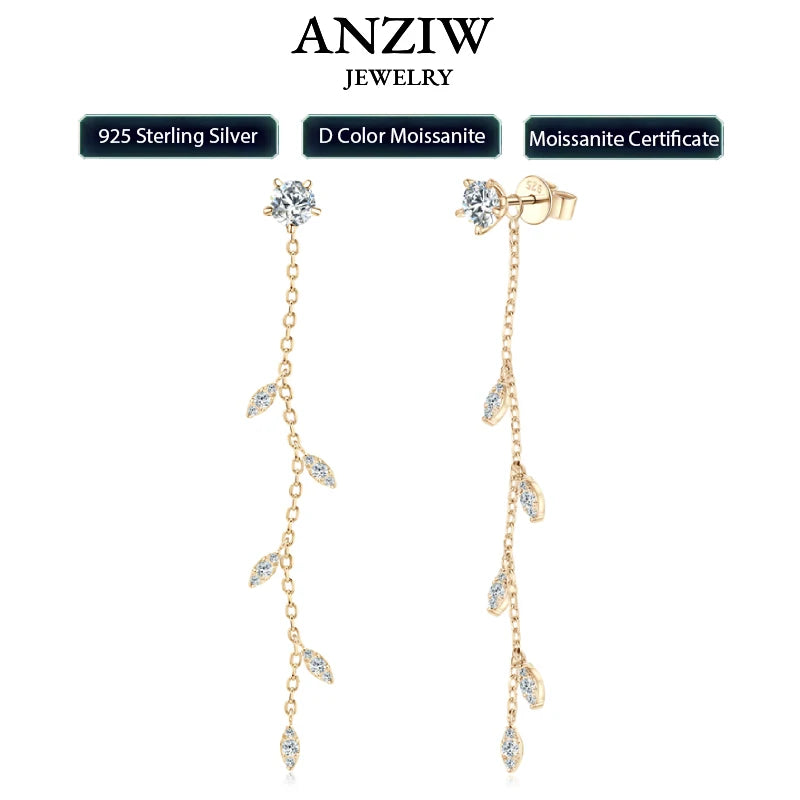 Anziw Leaf Dangle Long Drop Earrings Silver 925 for Women Real Moissanite-losil