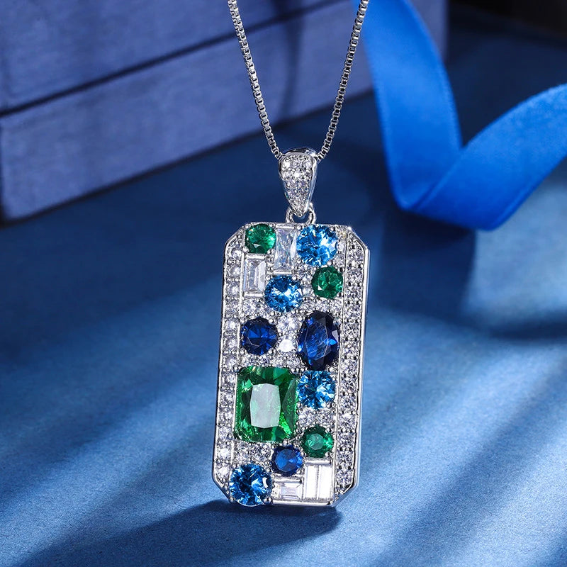 Huitan Blue/Green Cubic Zirconia Pendant Necklace for Women Luxury Trendy Bridal Wedding-losil