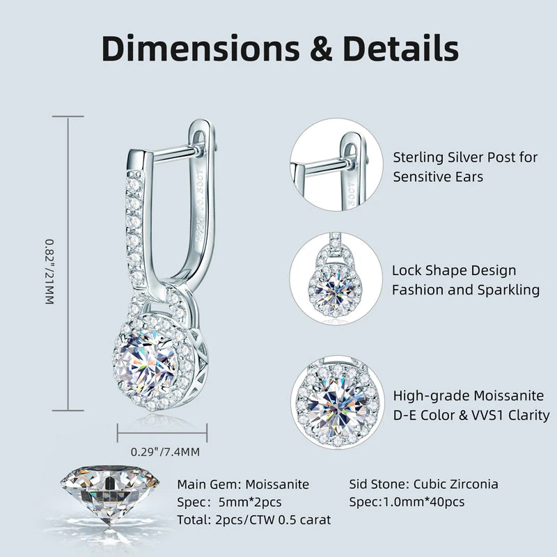 2024 Luxury Women's Hoop Earrings Real Silver 925 5mm Round Moissanite Drop-losil
