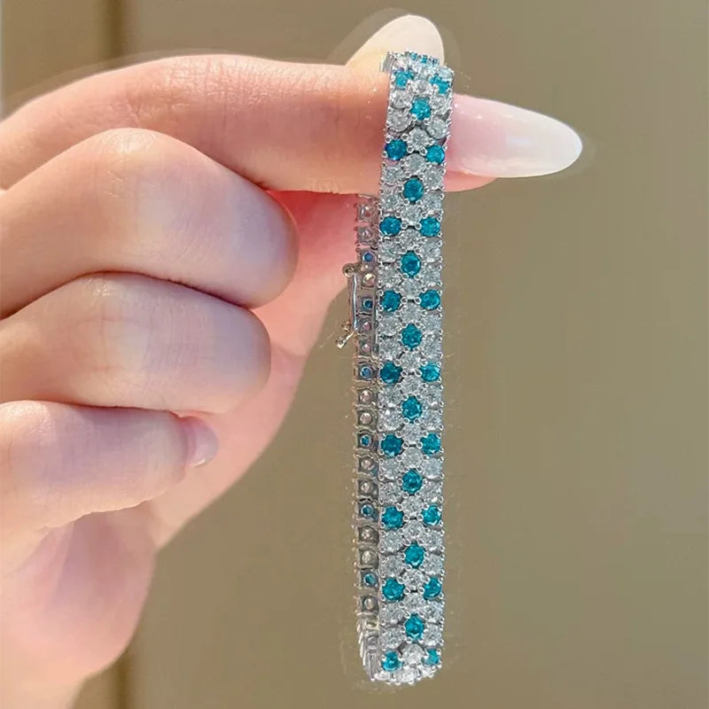 OEVAS Full 5A Blue Zircon Lab Diamond Bracelet S925 Silver plated 18K-losil