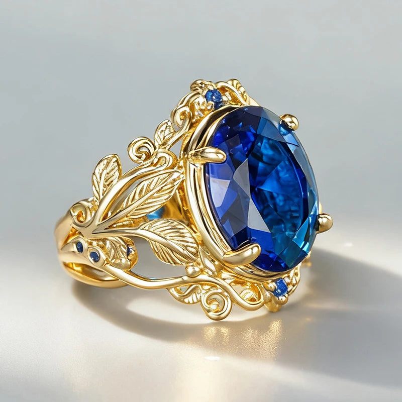 Huitan Creative Blue Cubic Zirconia Rings for Women Stylish Noble Leaf Design-losil