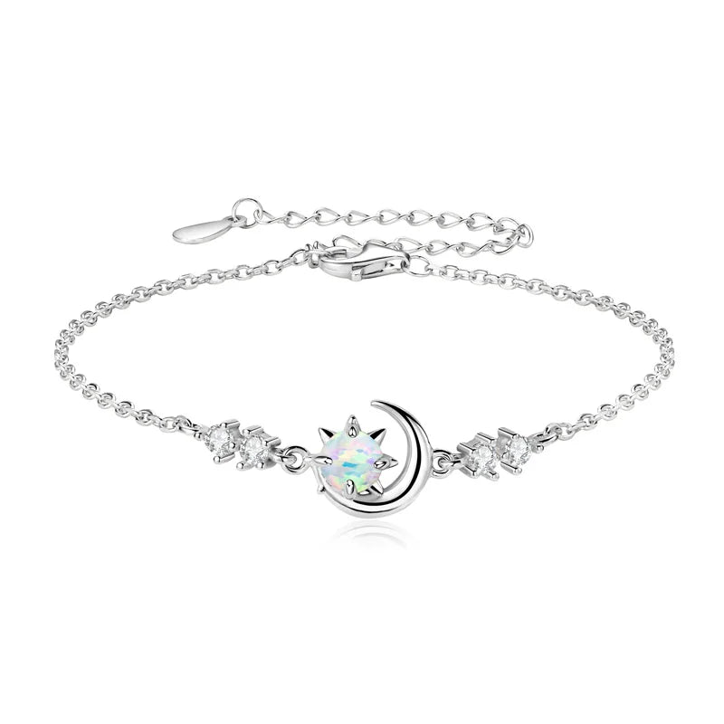 Anziw Fashion White Opal Sun and Moon Bracelet Real 925 Silver Chain-losil