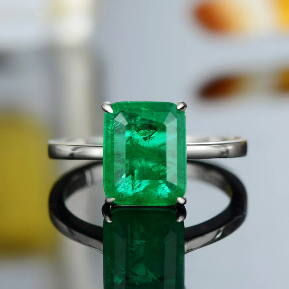 OEVAS Solid 925 Sterling Silver 4 Carat Emerald High Carbon Diamond Rings-losil