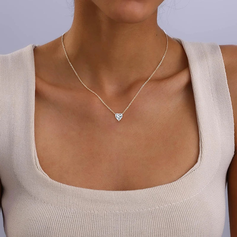 Anziw 1-2Carat Heart Moissanite Pendant Necklaces for Woman S925 Silver Solitaire Diamond-losil