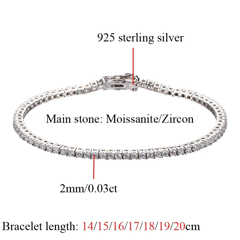 OEVAS 2MM 0.03 Carat Real Moissanite Women Tennis Chain Bracelet Fine Jewelry-losil