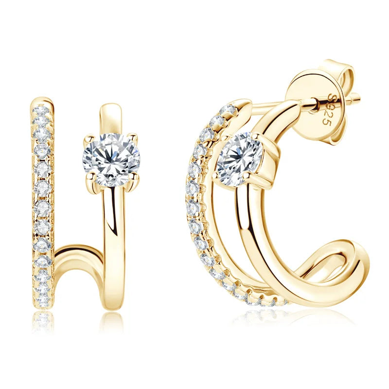 Anziw NEW 4mm Moissanite Piercing Stud Ear Cuffs 925 Sterling Silver Double-losil