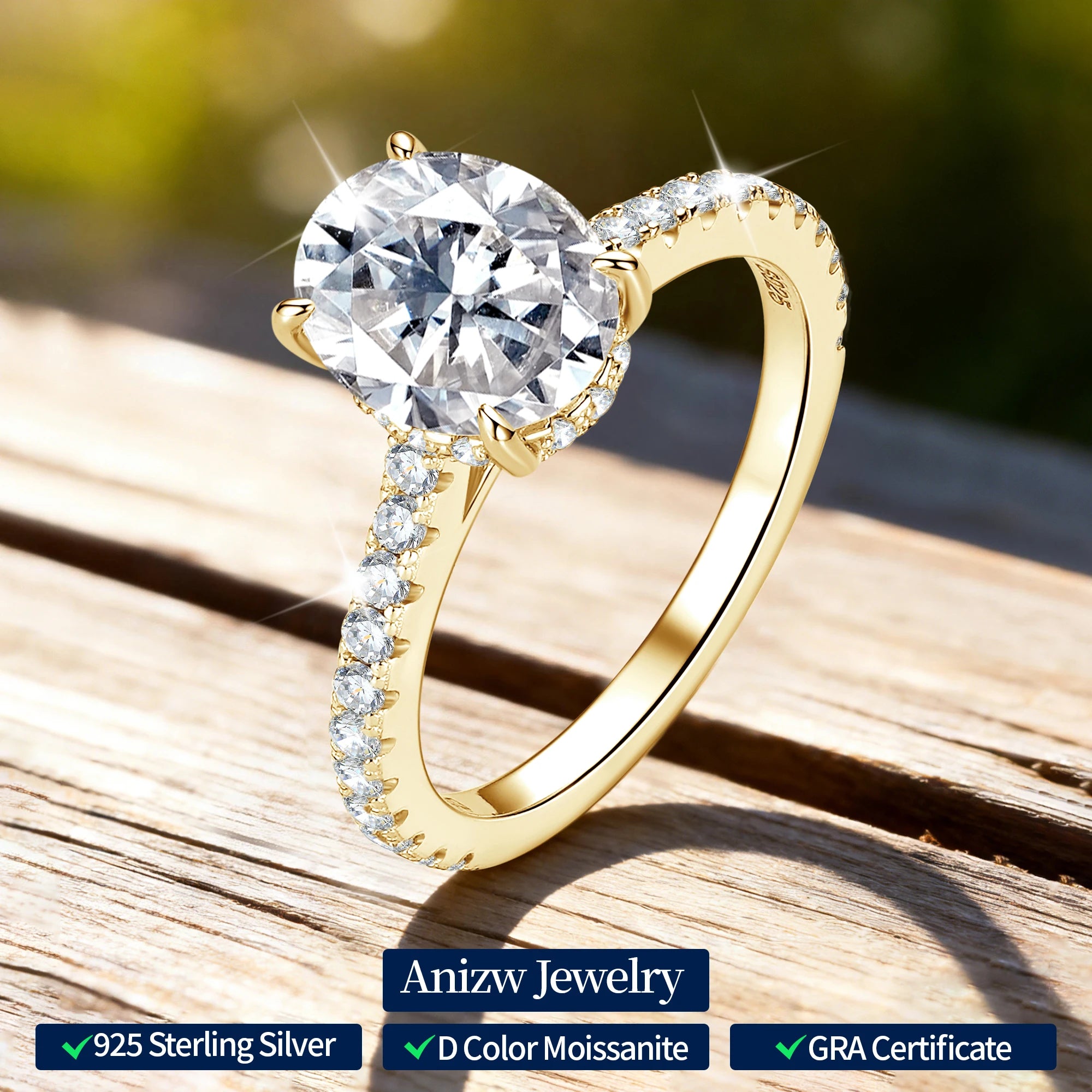Anziw Real 3.0CT D Oval Moissanite Promise Ring for Women 925 Sliver-losil