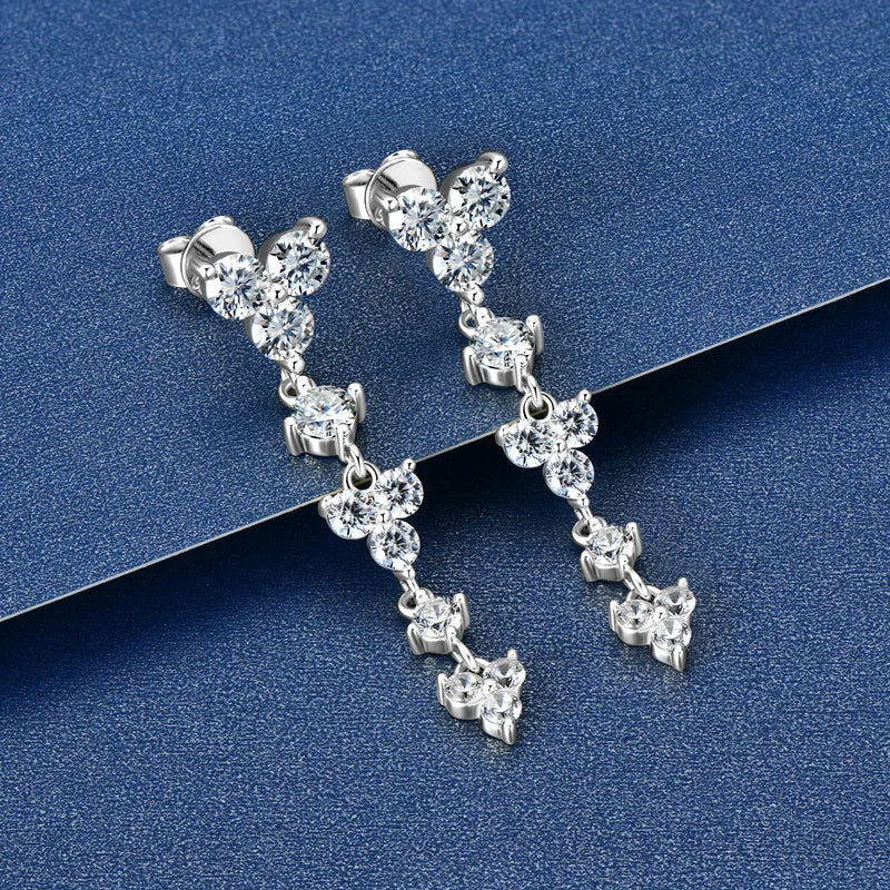 Real 925 Silver 4mm D Color Moissanite Long Drop Earrings Piercing Studs-losil