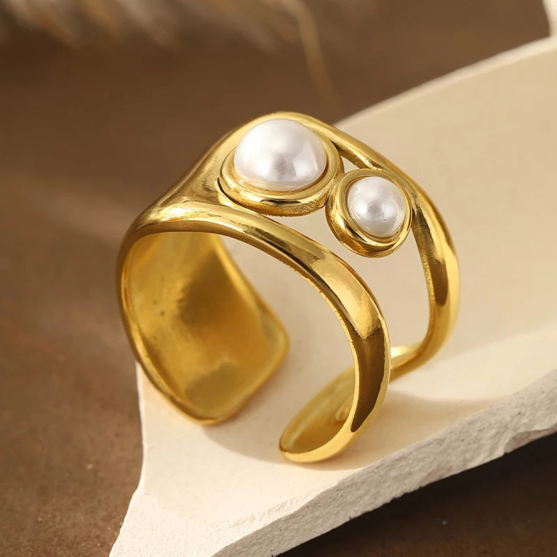 Huitan Trendy Metal Gold Color Double Layer Imitation Pearl Rings for Women-losil