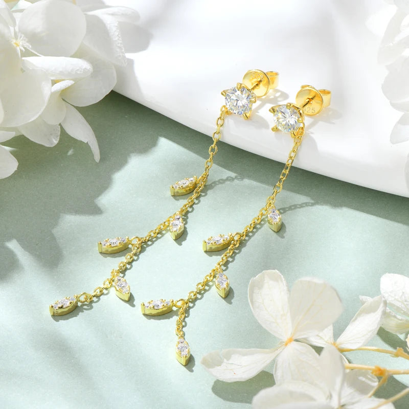Anziw Leaf Dangle Long Drop Earrings Silver 925 for Women Real Moissanite-losil