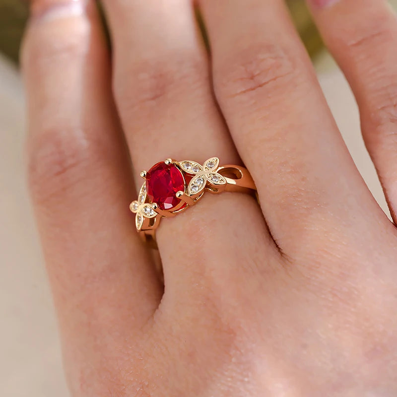 Huitan Bright Red Cubic Zirconia Butterfly Rings for Women Gold Color Luxury-losil