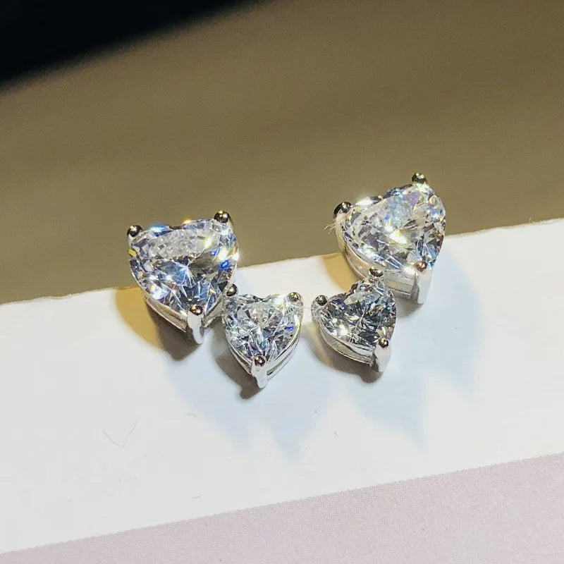 Huitan Fashion Heart Stud Earrings with Double Love Cubic Zircon Silver Color-losil
