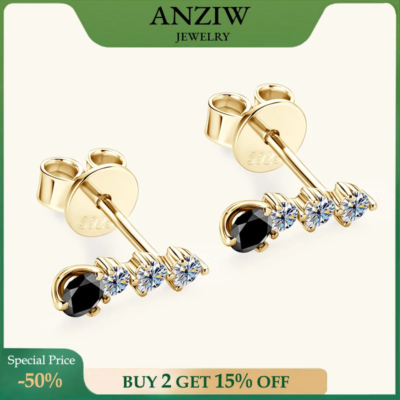 Anziw 0.38CTTW. Black &White Moissanite Drop Stud Earrings for Women Real 925-losil