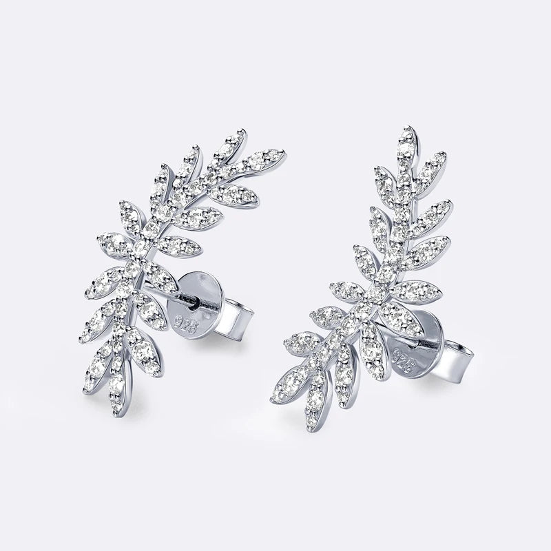 Leaf-Shaped Stud Earrings Climber 925 Sterling Silver D Color Moissanite Earrings for-losil