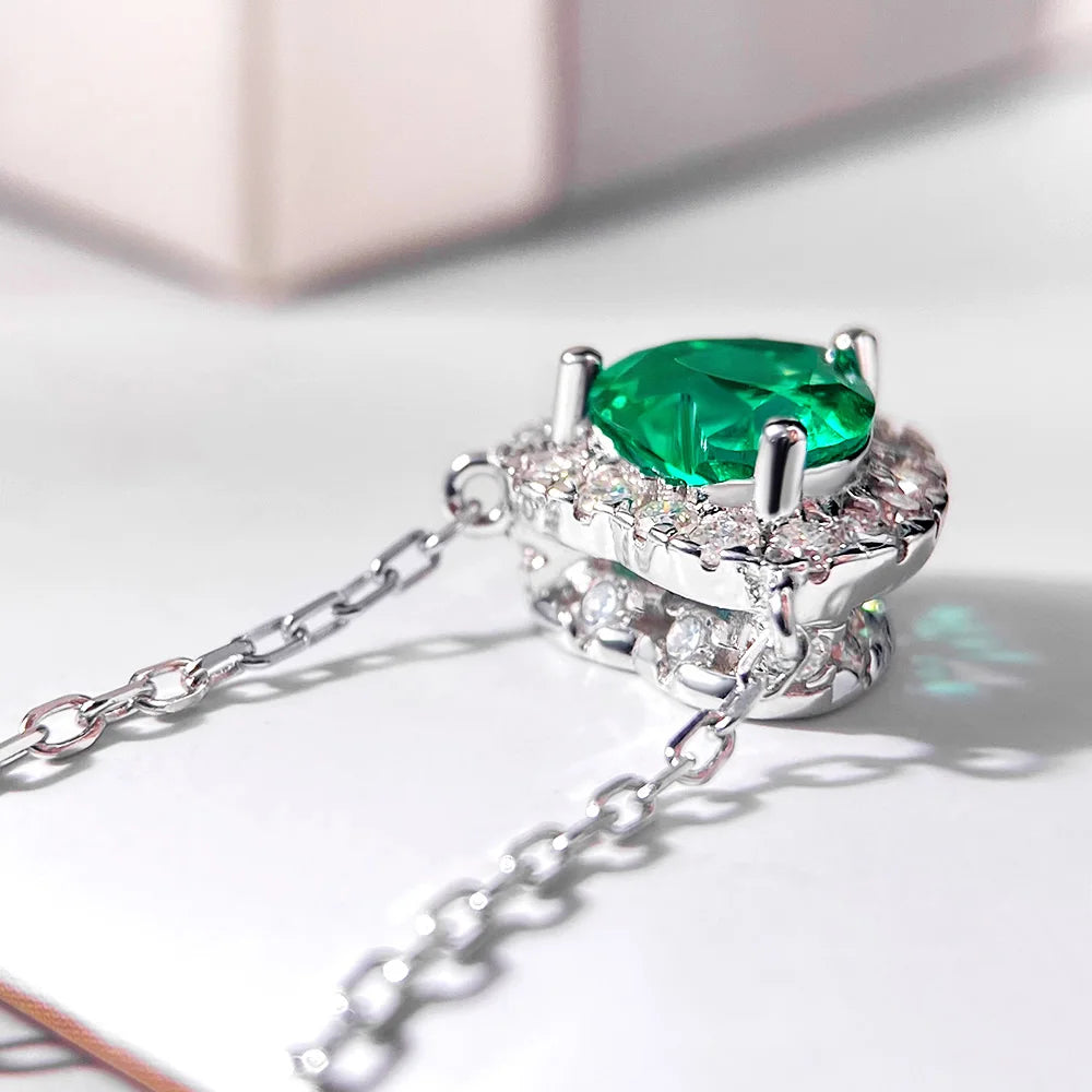 OEVAS 1CT 6.5mm Heart Cut Lab Grown Colombian Emerald Necklace for Women-losil