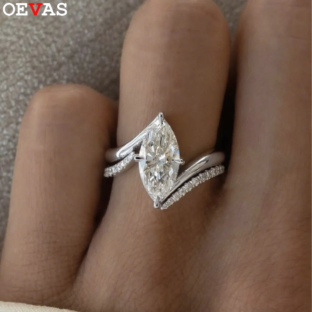 OEVAS 3CT Marquise Cut Moissanite Two Rings 100% S925 Silver Double row-losil