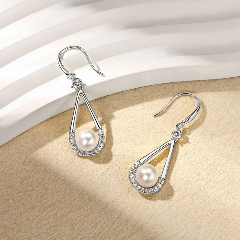Anziw 100% 925 Sterling Silver Freshwater Pearl Drop Hook Hoop Earrings for-losil