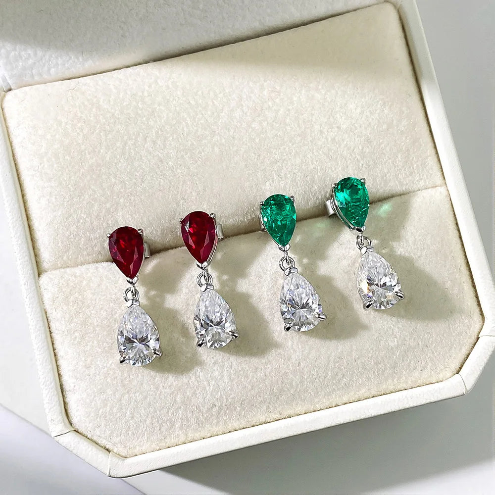 OEVAS Waterdrop Lab Grown Columbia Emerald/Ruby with Moissanite Diamond Earrings for Women-losil