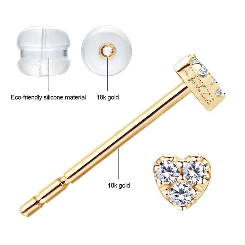 Solid 10K Yellow Gold Moissanite Earrings for Women Super Mini Heart Studs-losil