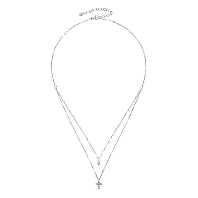 Anziw Moissanite Cross Pendant Double Layers Necklace for Women 925 Sterling Silver-losil