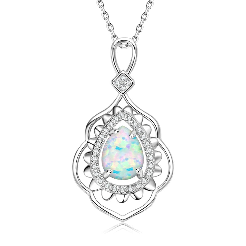 Luxury Artificial White Opal Pendant Necklace for Women 925 Silver Oval Pear-losil