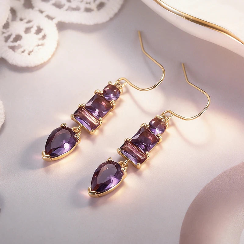 Huitan Charming Geometric Purple Cubic Zirconia Dangle Earrings for Women Exquisite Female-losil