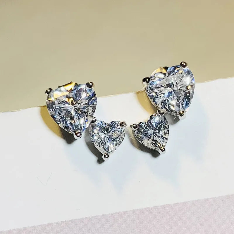 Huitan Fashion Heart Stud Earrings with Double Love Cubic Zircon Silver Color-losil