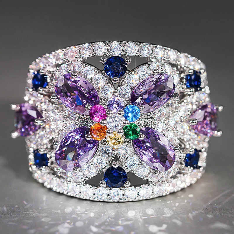 Huitan Colorful Cubic Zirconia Finger Ring Female Luxury Anniversary Accessories Exquisite Engagement-losil