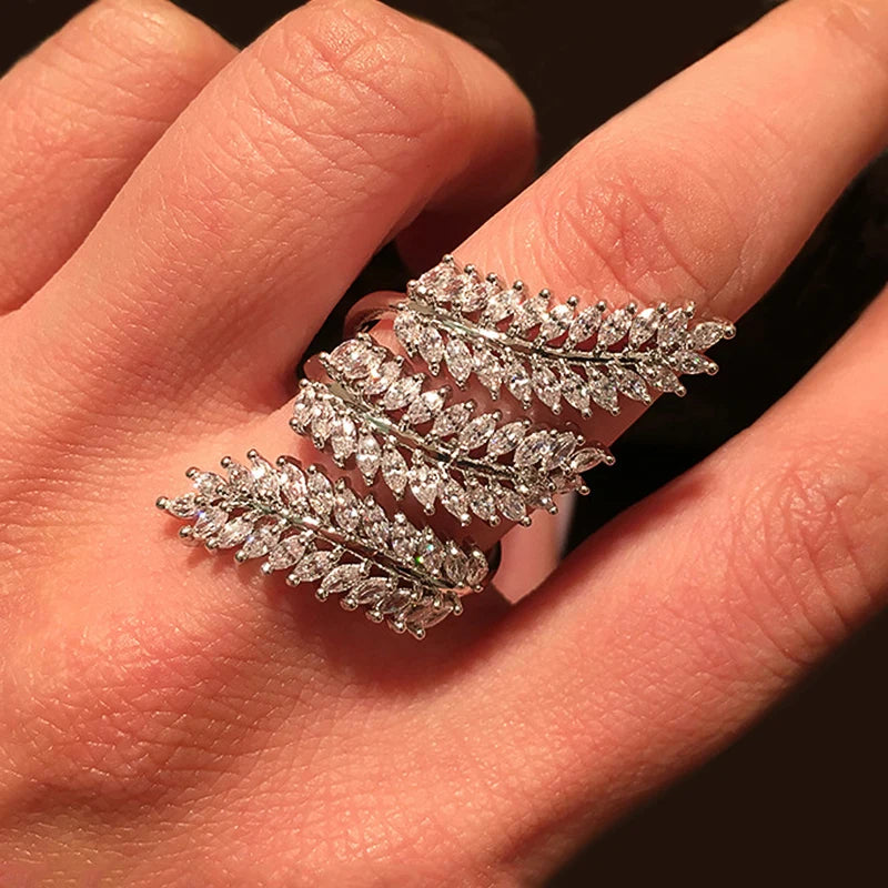 Huitan Bling Bling Female Rings Full with Marquise Cubic Zirconia Leaf Shaped-losil