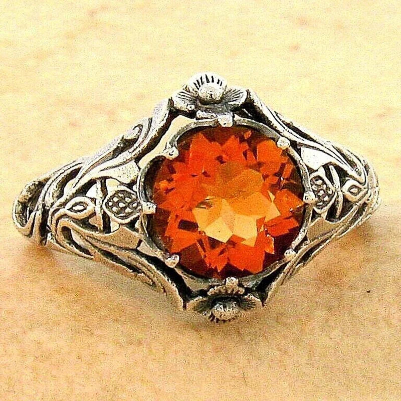 Huitan Bright Orange CZ Women Rings Aesthetic Flower Leaf Hollow Pattern Anniversary-losil