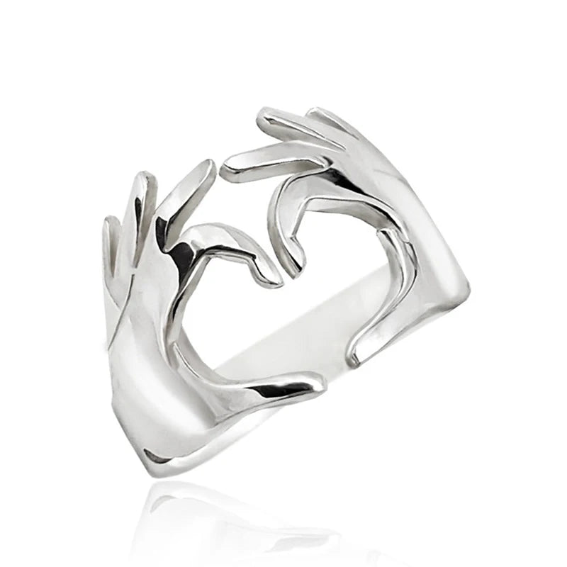 Huitan Double Hand Heart Love Couple Rings Fashionable Adjustable Opening Rings for-losil