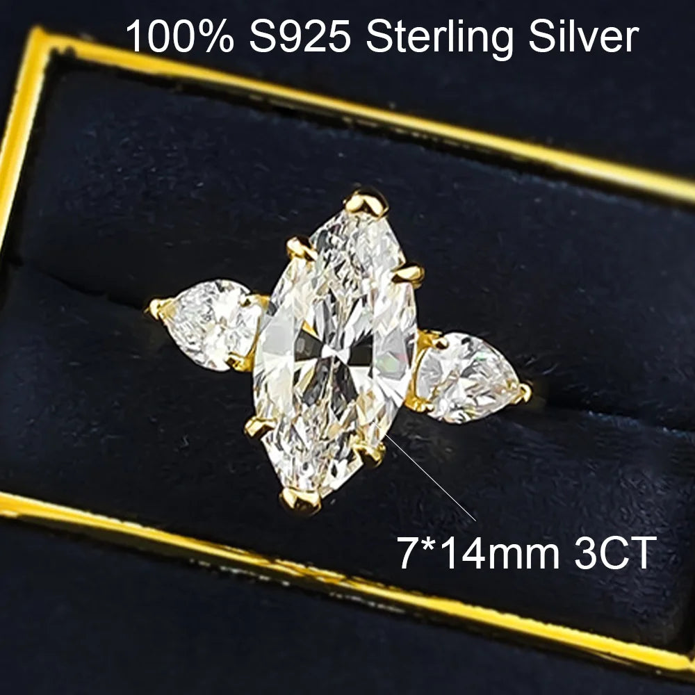 OEVAS 3CT 7*14mm Marquise Cut Zircon Ring For Women 100% S925 Silver-losil