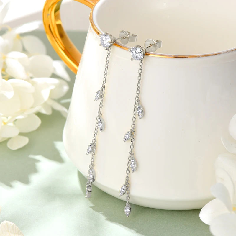 Anziw Leaf Dangle Long Drop Earrings Silver 925 for Women Real Moissanite-losil