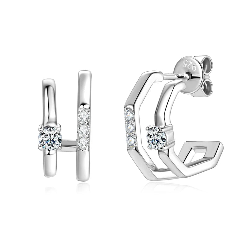 Anziw NEW 4mm Moissanite Piercing Stud Ear Cuffs 925 Sterling Silver Double-losil