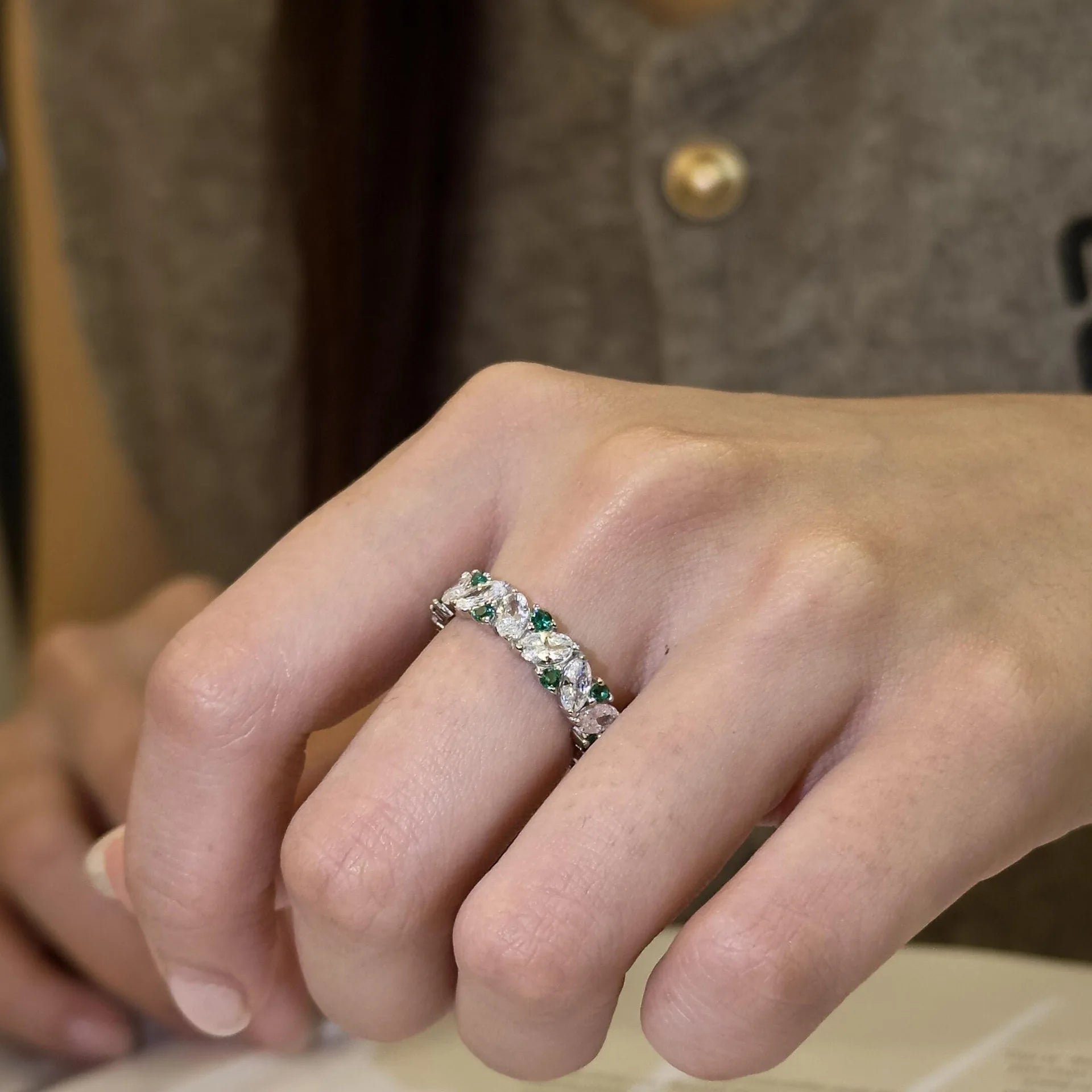 OEVAS Oval Sparkling White Green High Carbon Diamond Rings 100% 925 Sterling-losil