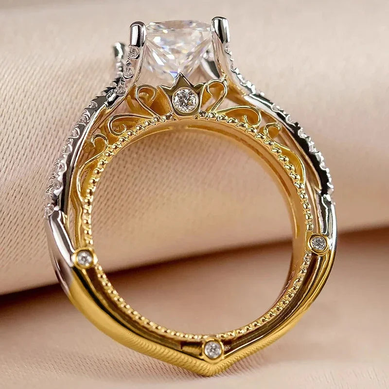 Huitan Exquisite Luxury Princess Square Cubic Zirconia Rings for Women Elegant Two-tone-losil